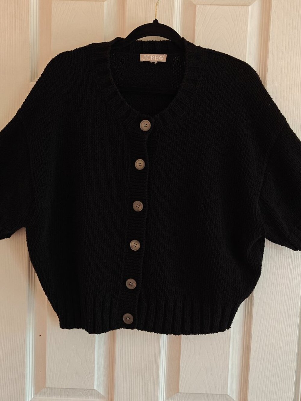J.CREW Marina Crewneck Cardigan in Textured Cotton Blend Large Black Style CJ537